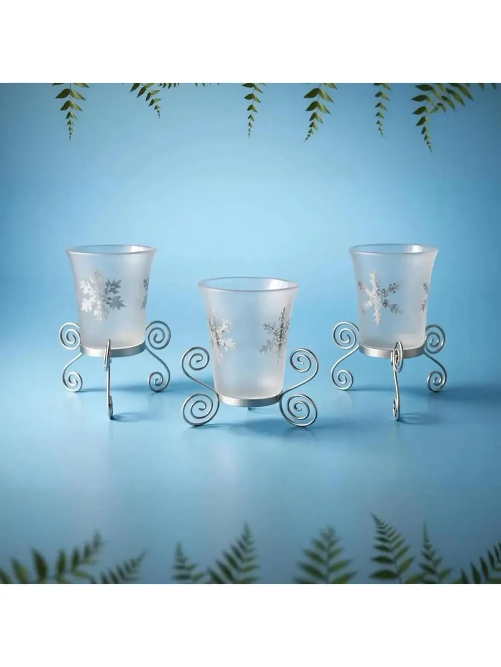 PartyLite Snowy Nights Votive Holders – Frosted Glass Snowflake Decor, Set of 3